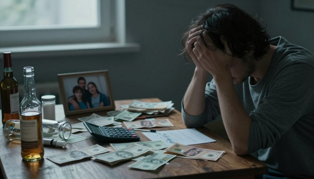 A somber scene depicting the financial struggles linked to alcohol abuse. In the foreground, a distressed individual in modest casual clothing is seated at a cluttered table overflowing with bills, empty bottles, and a calculator, illustrating the chaos of their financial situation. The middle ground features a saddened family photo, slightly askew, symbolizing the personal impact of these struggles. In the background, dim light filters through a window, casting long shadows that evoke a sense of isolation and despair. The color palette is muted, with shades of gray and blue to enhance the mood of tension and anxiety. The composition focuses on the juxtaposition of everyday life against the heaviness of financial burdens related to alcohol, creating a powerful visual narrative. A somber scene depicting the financial struggles linked to alcohol abuse. In the foreground, a distressed individual in modest casual clothing is seated at a cluttered table overflowing with bills, empty bottles, and a calculator, illustrating the chaos of their financial situation. The middle ground features a saddened family photo, slightly askew, symbolizing the personal impact of these struggles. In the background, dim light filters through a window, casting long shadows that evoke a sense of isolation and despair. The color palette is muted, with shades of gray and blue to enhance the mood of tension and anxiety. The composition focuses on the juxtaposition of everyday life against the heaviness of financial burdens related to alcohol, creating a powerful visual narrative.