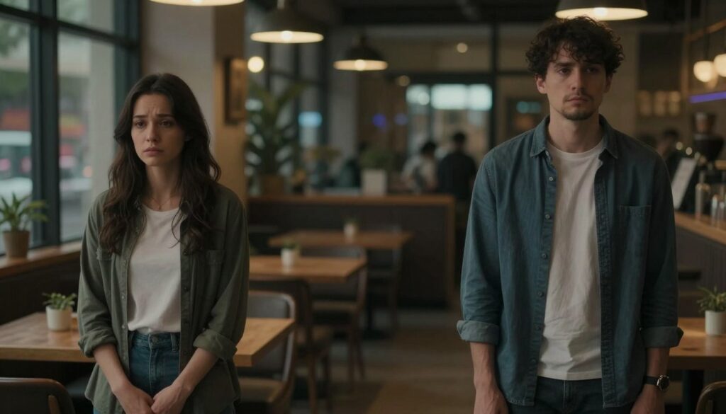 A somber scene illustrating the concept of a relationship without future prospects. In the foreground, a man and a woman stand apart, their expressions reflecting sadness and uncertainty, dressed in casual, modest clothing. The middle ground features a dimly lit café with empty chairs, symbolizing unfulfilled conversations and lost connections. In the background, blurred city lights create a melancholic atmosphere, suggesting the passage of time and missed opportunities. The lighting is soft and diffused, casting gentle shadows that emphasize the emotional weight of the scene. Capture the mood of introspection and longing, evoking feelings of hesitation and indecisiveness about leaving a stagnant relationship. A somber scene illustrating the concept of a relationship without future prospects. In the foreground, a man and a woman stand apart, their expressions reflecting sadness and uncertainty, dressed in casual, modest clothing. The middle ground features a dimly lit café with empty chairs, symbolizing unfulfilled conversations and lost connections. In the background, blurred city lights create a melancholic atmosphere, suggesting the passage of time and missed opportunities. The lighting is soft and diffused, casting gentle shadows that emphasize the emotional weight of the scene. Capture the mood of introspection and longing, evoking feelings of hesitation and indecisiveness about leaving a stagnant relationship.