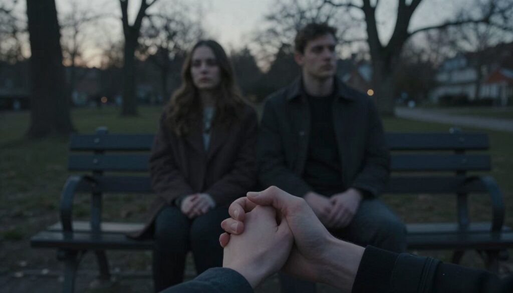 A somber yet contemplative scene illustrating the fading of a romantic relationship. In the foreground, a pair of intertwined hands slowly loosening their grip, conveying a sense of emotional distance. In the middle ground, a couple sits side by side on a park bench, both looking away from each other, their body language tense and disengaged. The background features a dimly lit park at dusk, with soft, diffused lighting casting long shadows, enhancing the mood of melancholy and introspection. The trees are bare, symbolizing a loss of vitality. The atmosphere is thick with unspoken words, creating a poignant reflection of a relationship in decline. A somber yet contemplative scene illustrating the fading of a romantic relationship. In the foreground, a pair of intertwined hands slowly loosening their grip, conveying a sense of emotional distance. In the middle ground, a couple sits side by side on a park bench, both looking away from each other, their body language tense and disengaged. The background features a dimly lit park at dusk, with soft, diffused lighting casting long shadows, enhancing the mood of melancholy and introspection. The trees are bare, symbolizing a loss of vitality. The atmosphere is thick with unspoken words, creating a poignant reflection of a relationship in decline.