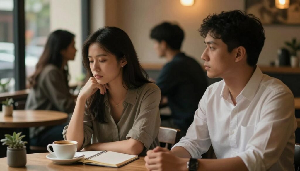 A somber yet insightful scene depicting warning signs in long-term relationships. In the foreground, a couple sits at a table in a warmly lit cafe, their expressions subtle and contemplative. The woman, in modest casual attire, looks down thoughtfully, while the man, dressed in a smart shirt, gazes out the window, both unaware of their surroundings. The middle ground features a small table with a coffee cup and an open notebook, symbolizing reflection and communication. In the background, soft-focus silhouettes of other couples can be seen, creating a sense of contrast with the couple’s introspective moment. The lighting is warm but slightly dim, emphasizing the mood of seriousness and reflection. The image captures the essence of caution and the complexity of enduring relationships. A somber yet insightful scene depicting warning signs in long-term relationships. In the foreground, a couple sits at a table in a warmly lit cafe, their expressions subtle and contemplative. The woman, in modest casual attire, looks down thoughtfully, while the man, dressed in a smart shirt, gazes out the window, both unaware of their surroundings. The middle ground features a small table with a coffee cup and an open notebook, symbolizing reflection and communication. In the background, soft-focus silhouettes of other couples can be seen, creating a sense of contrast with the couple’s introspective moment. The lighting is warm but slightly dim, emphasizing the mood of seriousness and reflection. The image captures the essence of caution and the complexity of enduring relationships.