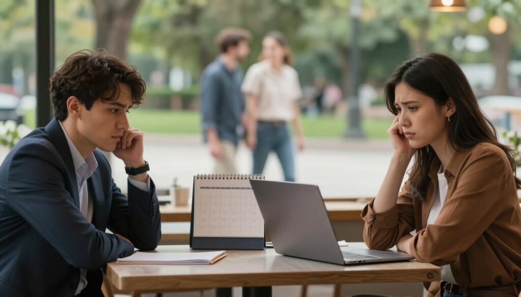 A split scene illustrating a relationship void of shared goals. In the foreground, a couple sits at a small table in a cozy café, both looking away from each other, with expressions of frustration and disappointment. One person is dressed in formal business attire, while the other is in smart casual clothing, indicating different life paths. In the middle ground, a blurred view of an empty calendar and a closed laptop symbolizes missed opportunities and lack of communication. In the background, a lush park scene with people walking together, representing connection and shared dreams that the couple lacks. Soft, diffused lighting casts a reflective mood, while a warm color palette evokes the melancholy feeling of stagnation in the relationship. The angle is slightly elevated, capturing both individuals' body language and expressions. A split scene illustrating a relationship void of shared goals. In the foreground, a couple sits at a small table in a cozy café, both looking away from each other, with expressions of frustration and disappointment. One person is dressed in formal business attire, while the other is in smart casual clothing, indicating different life paths. In the middle ground, a blurred view of an empty calendar and a closed laptop symbolizes missed opportunities and lack of communication. In the background, a lush park scene with people walking together, representing connection and shared dreams that the couple lacks. Soft, diffused lighting casts a reflective mood, while a warm color palette evokes the melancholy feeling of stagnation in the relationship. The angle is slightly elevated, capturing both individuals' body language and expressions.