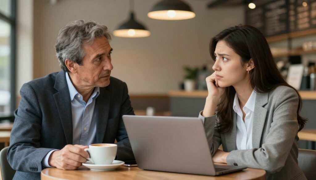 A split scene showcasing the daily communication challenges between two individuals of different ages in a cozy coffee shop setting. In the foreground, a middle-aged man and a young woman engage in conversation, both dressed in professional business attire. Their expressions convey a mix of curiosity and frustration, symbolizing the barriers they face in understanding each other. In the middle, coffee cups and an open laptop represent modern communication tools. The background is softly blurred, featuring warm lighting from ceiling fixtures and a subtle bokeh effect, creating an inviting atmosphere. The focus is on the emotional dynamics of their interaction, highlighting the generational differences in communication styles. A split scene showcasing the daily communication challenges between two individuals of different ages in a cozy coffee shop setting. In the foreground, a middle-aged man and a young woman engage in conversation, both dressed in professional business attire. Their expressions convey a mix of curiosity and frustration, symbolizing the barriers they face in understanding each other. In the middle, coffee cups and an open laptop represent modern communication tools. The background is softly blurred, featuring warm lighting from ceiling fixtures and a subtle bokeh effect, creating an inviting atmosphere. The focus is on the emotional dynamics of their interaction, highlighting the generational differences in communication styles.