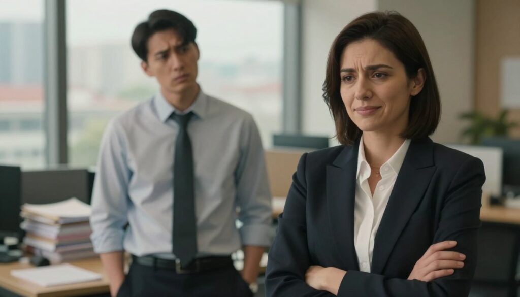 A subtle, intimate moment between two individuals in an office setting, conveying unspoken contempt. In the foreground, a woman with a slight, knowing smirk, dressed in professional business attire, crossing her arms, while in the middle ground, a man appears puzzled, glancing away, wearing a formal shirt and slacks. Soft, diffused lighting creates a warm yet tense atmosphere, highlighting their expressions. The background features blurred office elements like a desk with paper stacks and a window with a cityscape view, suggesting a typical work environment. The overall mood should evoke unease and raise awareness of the nuanced signals that can indicate relational distress.