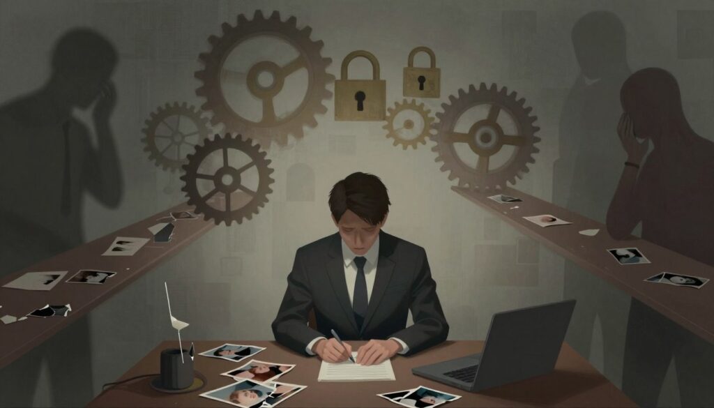 A surreal illustration depicting the mechanisms behind personality disorders, focusing on dependent personality traits. In the foreground, a somber figure in professional attire sits at a desk, surrounded by torn photographs representing lost independence and connection. In the middle ground, intertwining pathways made of gears and locks symbolize internal struggles and emotional battles. The background features abstract, shadowy forms that evoke anxiety and dependency, with muted colors enhancing the sense of unease. Soft, diffused lighting accentuates the contours of the scene, with a slight vignette effect drawing attention to the central figure. The overall mood is one of introspection and complexity, capturing the intricate nature of personality formation and disturbance. A surreal illustration depicting the mechanisms behind personality disorders, focusing on dependent personality traits. In the foreground, a somber figure in professional attire sits at a desk, surrounded by torn photographs representing lost independence and connection. In the middle ground, intertwining pathways made of gears and locks symbolize internal struggles and emotional battles. The background features abstract, shadowy forms that evoke anxiety and dependency, with muted colors enhancing the sense of unease. Soft, diffused lighting accentuates the contours of the scene, with a slight vignette effect drawing attention to the central figure. The overall mood is one of introspection and complexity, capturing the intricate nature of personality formation and disturbance.