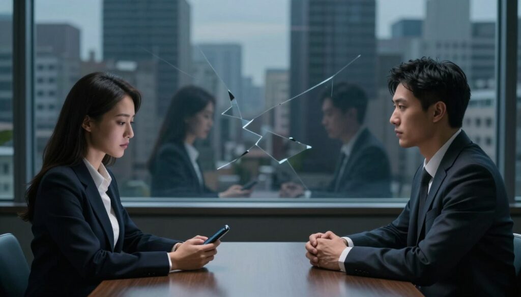 A surreal representation of "lack of empathy," focusing on interpersonal relationships. In the foreground, a man and woman sit across from each other at a polished table, their expressions distant and cold. The woman, dressed in professional business attire, gazes at her phone with indifference, while the man, in a sharp suit, looks away, showcasing emotional detachment. In the middle ground, fragmented reflections of their faces in the glass create an unsettling feeling of disconnect. The background features a shadowy cityscape through the window, symbolizing isolation and emotional distance. Soft, dim lighting enhances the somber mood, with shadows creeping in from the edges, evoking a sense of emotional neglect and objectification within relationships. Use a slightly blurred focus to add a dreamlike quality, emphasizing the emotional estrangement between the subjects.