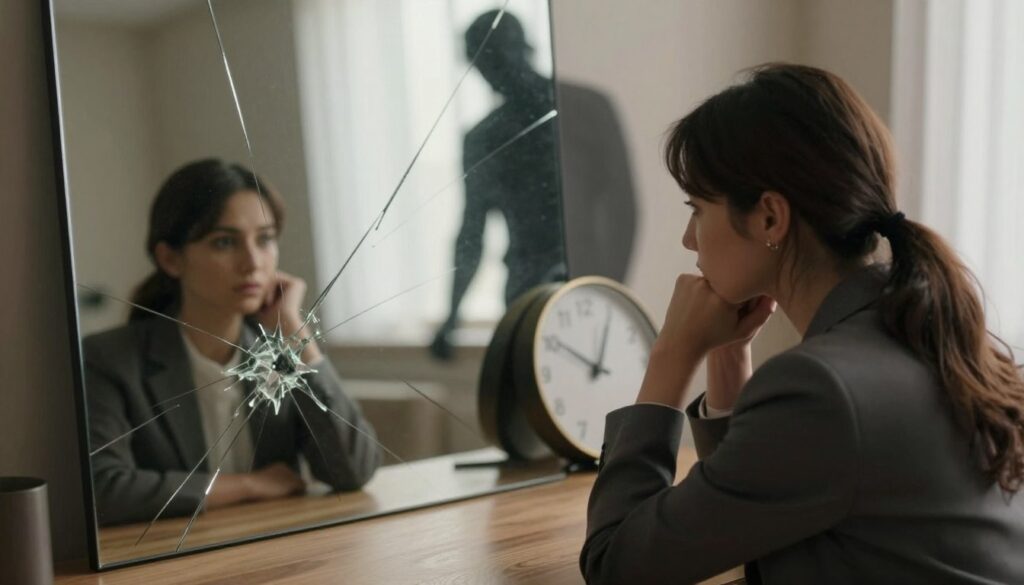 A symbolic representation of recognizing destructive patterns in a relationship, featuring a split scene. In the foreground, a woman in professional attire, sitting in a cozy, dimly lit room. She has a contemplative expression while observing a fractured mirror reflecting two sides of a relationship—one side shows a loving couple, the other reveals isolation and tension. In the middle ground, a clock with blurred hands suggests time passing slowly under stress. The background features shadows of a dark figure representing addiction looming over a light-filled window, creating a sense of conflict. Soft, warm lighting contrasts with the dark shadows, evoking a mood of reflection and urgency. The angle captures the scene from slightly above, giving a comprehensive view of the emotional landscape without any text or distractions.