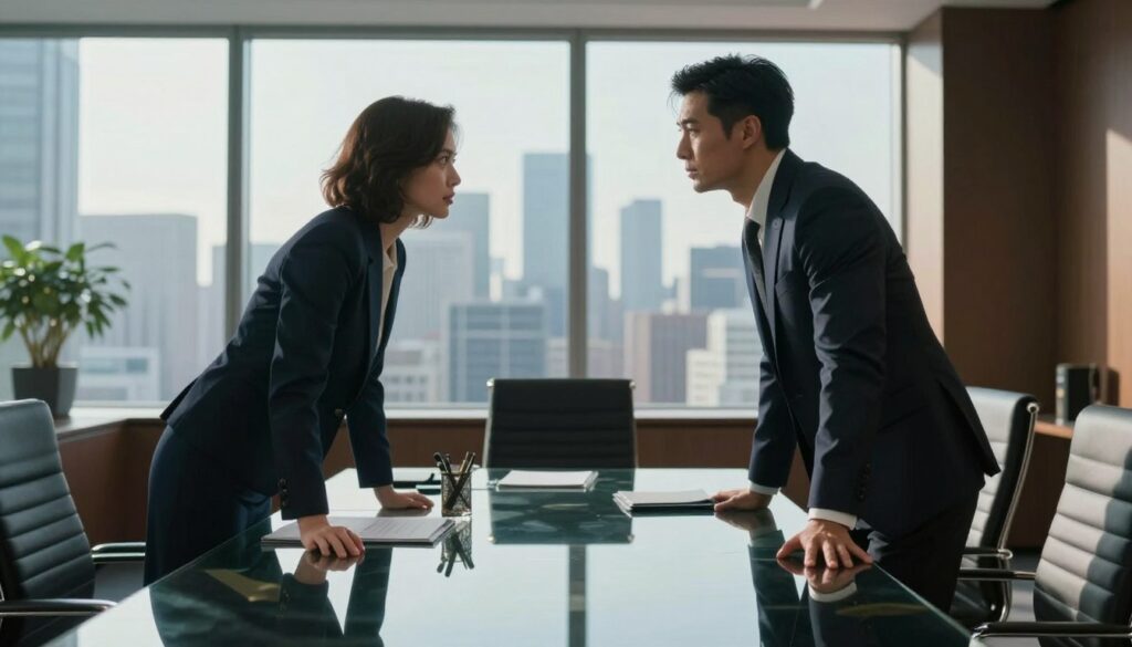 A symbolic representation of the dynamic relationship between two narcissists, set in a sophisticated modern office environment. In the foreground, two individuals stand facing each other, dressed in elegant business attire, with expressions of rivalry and ambition. Their body language conveys tension and control; one slightly leaning forward while the other maintains a poised posture. In the middle ground, a sleek glass conference table reflects their intensity, scattered with luxurious office accessories. The background features a panoramic city skyline through large windows, emphasizing their ambitious nature. Soft natural lighting streams in, casting dramatic shadows and creating a tense, competitive atmosphere that underlines the theme of admiration and struggle for dominance. The overall mood is one of rivalry and heated interaction, highlighting the complex dynamics of their relationship. A symbolic representation of the dynamic relationship between two narcissists, set in a sophisticated modern office environment. In the foreground, two individuals stand facing each other, dressed in elegant business attire, with expressions of rivalry and ambition. Their body language conveys tension and control; one slightly leaning forward while the other maintains a poised posture. In the middle ground, a sleek glass conference table reflects their intensity, scattered with luxurious office accessories. The background features a panoramic city skyline through large windows, emphasizing their ambitious nature. Soft natural lighting streams in, casting dramatic shadows and creating a tense, competitive atmosphere that underlines the theme of admiration and struggle for dominance. The overall mood is one of rivalry and heated interaction, highlighting the complex dynamics of their relationship.