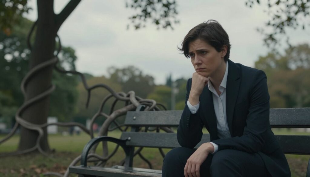 A symbolic representation of the psychological underpinnings of uncertainty in relationships. In the foreground, a thoughtful person in professional attire sits on a park bench, their expression reflecting contemplation and doubt, with their hands resting on their knees. In the middle ground, abstract shapes resembling tangled vines or branches intertwine, symbolizing confusion and complexity of emotions. The background features softly blurred trees and a cloudy sky, creating a somber yet tranquil atmosphere with diffused natural lighting casting soft shadows. The lens captures a medium shot, focusing on the subject’s facial expression while allowing the background to emphasize a sense of solitude and introspection. Overall mood evokes introspection, highlighting the intricacies of emotional uncertainty in relationships. A symbolic representation of the psychological underpinnings of uncertainty in relationships. In the foreground, a thoughtful person in professional attire sits on a park bench, their expression reflecting contemplation and doubt, with their hands resting on their knees. In the middle ground, abstract shapes resembling tangled vines or branches intertwine, symbolizing confusion and complexity of emotions. The background features softly blurred trees and a cloudy sky, creating a somber yet tranquil atmosphere with diffused natural lighting casting soft shadows. The lens captures a medium shot, focusing on the subject’s facial expression while allowing the background to emphasize a sense of solitude and introspection. Overall mood evokes introspection, highlighting the intricacies of emotional uncertainty in relationships.