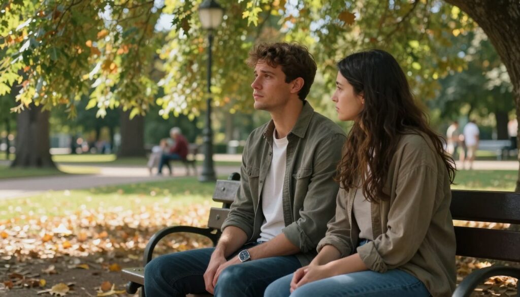 A tender moment shared between a man and a woman, both dressed in modest casual clothing, as they sit closely on a park bench beneath a canopy of gently swaying trees. The man, with subtle signs of grief on his face, gazes thoughtfully into the distance, while the woman listens attentively, her expression reflecting empathy and understanding. In the foreground, soft sunlight filters through the leaves, creating a warm, inviting atmosphere. In the middle, a few scattered autumn leaves hint at the passing of time and change. In the background, a serene park scene unfolds, with distant figures enjoying their day, symbolizing life continuing despite loss. The overall mood is reflective, yet hopeful, capturing the complexities of love after loss. A tender moment shared between a man and a woman, both dressed in modest casual clothing, as they sit closely on a park bench beneath a canopy of gently swaying trees. The man, with subtle signs of grief on his face, gazes thoughtfully into the distance, while the woman listens attentively, her expression reflecting empathy and understanding. In the foreground, soft sunlight filters through the leaves, creating a warm, inviting atmosphere. In the middle, a few scattered autumn leaves hint at the passing of time and change. In the background, a serene park scene unfolds, with distant figures enjoying their day, symbolizing life continuing despite loss. The overall mood is reflective, yet hopeful, capturing the complexities of love after loss.