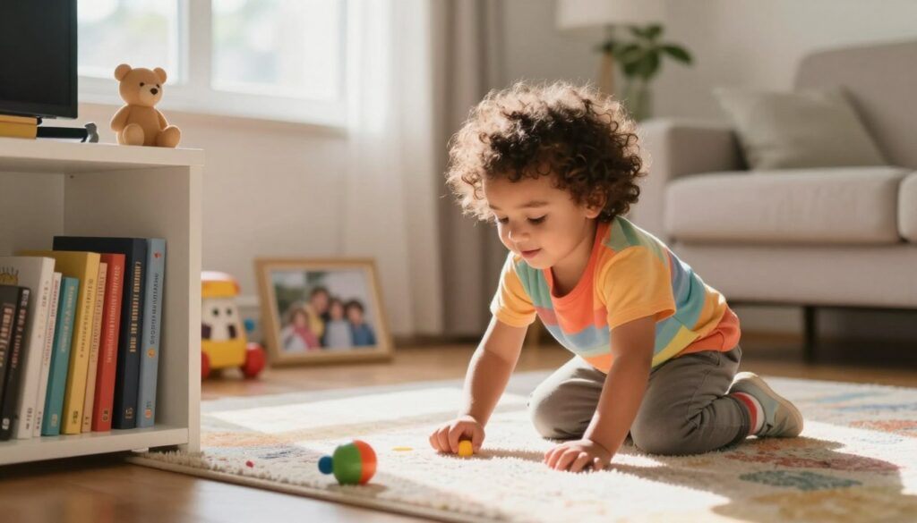 A tender scene featuring a young child, around five years old, playing on a colorful carpet in a cozy living room. The child has curly hair and is wearing a cheerful, brightly colored outfit. In the foreground, a shelf filled with books and toys is visible, creating a warm, inviting atmosphere. The middle ground includes a family photo on a side table, hinting at togetherness. The background shows a softly lit window with sheer curtains, allowing natural light to filter in, casting gentle shadows. The mood is one of hope and innocence, emphasizing the emotional weight of family dynamics. The image has a soft focus, capturing a candid moment of childhood joy in a nurturing environment. A tender scene featuring a young child, around five years old, playing on a colorful carpet in a cozy living room. The child has curly hair and is wearing a cheerful, brightly colored outfit. In the foreground, a shelf filled with books and toys is visible, creating a warm, inviting atmosphere. The middle ground includes a family photo on a side table, hinting at togetherness. The background shows a softly lit window with sheer curtains, allowing natural light to filter in, casting gentle shadows. The mood is one of hope and innocence, emphasizing the emotional weight of family dynamics. The image has a soft focus, capturing a candid moment of childhood joy in a nurturing environment.