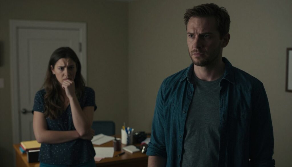 A tense and emotional scene between two individuals, a man and a woman, in a dimly lit room. The man stands slightly in front, his expression serious and possessive, while the woman appears hesitant and tense, her body language indicating discomfort. The foreground captures their intense interaction with a focus on their facial expressions, conveying an atmosphere of control and psychological struggle. In the middle ground, a cluttered desk with personal items symbolizes their intertwined lives yet emphasizes the suffocating environment. The background consists of muted colors, perhaps a closed door, enhancing a sense of confinement. Soft, dramatic lighting highlights their faces, casting shadows that accentuate the mood of tension and dominance. The overall tone is somber, reflecting the psychological undercurrents of controlling behavior in relationships.