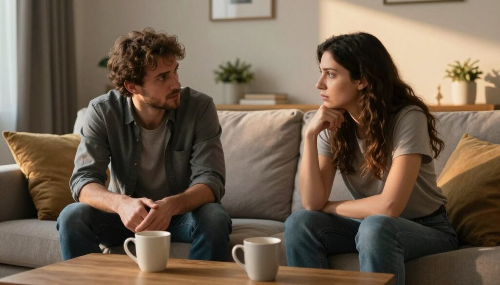 A tense but constructive conversation between a couple is depicted in a cozy living room. In the foreground, a man and a woman sit on a comfortable sofa, both wearing modest casual clothing. The man leans slightly forward with an expressive but calm demeanor, while the woman gestures thoughtfully, showcasing her engagement in the discussion. In the middle ground, a coffee table holds a couple of coffee mugs, symbolizing warmth amidst the tension. The background features a softly lit space with warm colors, giving a sense of homeliness despite the conversation's intensity. The lighting is warm and natural, suggesting late afternoon, casting gentle shadows that enhance the mood. The overall atmosphere reflects a complex emotional dynamic—where the potential for understanding contrasts with the risk of distance, perfectly illustrating the theme of emotional clarity vs. disconnection. A tense but constructive conversation between a couple is depicted in a cozy living room. In the foreground, a man and a woman sit on a comfortable sofa, both wearing modest casual clothing. The man leans slightly forward with an expressive but calm demeanor, while the woman gestures thoughtfully, showcasing her engagement in the discussion. In the middle ground, a coffee table holds a couple of coffee mugs, symbolizing warmth amidst the tension. The background features a softly lit space with warm colors, giving a sense of homeliness despite the conversation's intensity. The lighting is warm and natural, suggesting late afternoon, casting gentle shadows that enhance the mood. The overall atmosphere reflects a complex emotional dynamic—where the potential for understanding contrasts with the risk of distance, perfectly illustrating the theme of emotional clarity vs. disconnection.