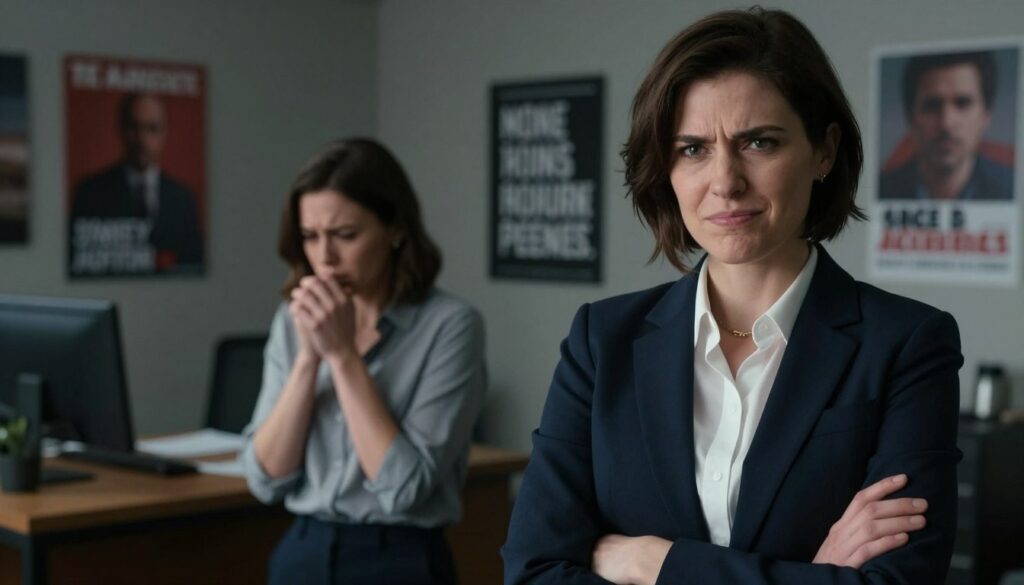 A tense scene depicting a narcissist in a conflict situation. In the foreground, a person in professional attire, with a smug expression, stands with arms crossed, exuding an air of superiority. Their eyes convey a mix of arrogance and defensiveness. In the middle, a second individual, appearing visibly distressed, looks away, clutching their hands, embodying feelings of defeat and frustration. The background features a dimly lit office environment, with a large desk and a wall of motivational posters, contrasting with the negative atmosphere. Soft, dramatic lighting casts shadows on the faces, enhancing the emotional tension. The mood is intense and charged, capturing the essence of manipulation and emotional detachment during conflicts. A tense scene depicting a narcissist in a conflict situation. In the foreground, a person in professional attire, with a smug expression, stands with arms crossed, exuding an air of superiority. Their eyes convey a mix of arrogance and defensiveness. In the middle, a second individual, appearing visibly distressed, looks away, clutching their hands, embodying feelings of defeat and frustration. The background features a dimly lit office environment, with a large desk and a wall of motivational posters, contrasting with the negative atmosphere. Soft, dramatic lighting casts shadows on the faces, enhancing the emotional tension. The mood is intense and charged, capturing the essence of manipulation and emotional detachment during conflicts.