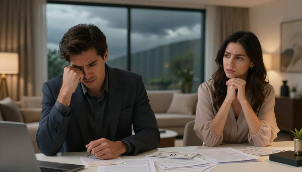 A tense scene depicting financial conflict between a male Taurus and a female Pisces. The foreground features a stylishly dressed male Taurus, with a look of frustration, sitting at a modern desk scattered with bills and financial documents. Nearby, a gracefully poised female Pisces, in a soft, flowing outfit, looks concerned, her hands clasped. In the middle ground, a large window shows a stormy sky reflecting their emotional turmoil, contrasting with the warm ambient light in the room. The background hints at a cozy yet upscale living space, filled with subtle earth tones and calming decorations, creating an atmosphere of intimacy despite the tension. The composition captures the essence of their relationship's conflict, emphasizing emotional vulnerability. Soft focus and natural lighting evoke a sense of realism and drama. A tense scene depicting financial conflict between a male Taurus and a female Pisces. The foreground features a stylishly dressed male Taurus, with a look of frustration, sitting at a modern desk scattered with bills and financial documents. Nearby, a gracefully poised female Pisces, in a soft, flowing outfit, looks concerned, her hands clasped. In the middle ground, a large window shows a stormy sky reflecting their emotional turmoil, contrasting with the warm ambient light in the room. The background hints at a cozy yet upscale living space, filled with subtle earth tones and calming decorations, creating an atmosphere of intimacy despite the tension. The composition captures the essence of their relationship's conflict, emphasizing emotional vulnerability. Soft focus and natural lighting evoke a sense of realism and drama.