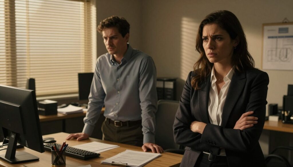 A tense scene in a small, dimly lit office, capturing the emotional crisis of a conversation between a couple. In the foreground, a woman in professional attire stands with a look of frustration, her arms crossed. In the middle ground, a man in business casual appears defensive, his hands clenched on the table. Their expressions convey turmoil, with shadows casting dramatic lines across their faces, symbolizing the conflict. The background features a cluttered desk and a window with blinds, filtering in soft, golden light, creating a stark contrast of warmth and tension. The atmosphere is thick with unease, reflecting the struggle of communication turning into blame, embodying the essence of a relationship challenged by narcissism. A tense scene in a small, dimly lit office, capturing the emotional crisis of a conversation between a couple. In the foreground, a woman in professional attire stands with a look of frustration, her arms crossed. In the middle ground, a man in business casual appears defensive, his hands clenched on the table. Their expressions convey turmoil, with shadows casting dramatic lines across their faces, symbolizing the conflict. The background features a cluttered desk and a window with blinds, filtering in soft, golden light, creating a stark contrast of warmth and tension. The atmosphere is thick with unease, reflecting the struggle of communication turning into blame, embodying the essence of a relationship challenged by narcissism.
