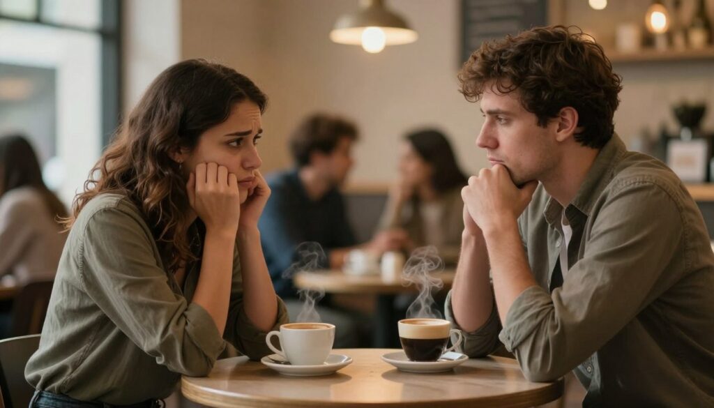 A tense yet hopeful scene depicting a couple sitting across from each other at a small table in a cozy, softly lit cafe. The foreground features their expressions: the woman appears concerned, her brows furrowed, and the man looks contemplative, his hands clasped together. In the middle ground, a warm cup of coffee sits between them, steam rising gently, symbolizing warmth amid turmoil. The background shows blurred elements of the café, like patrons chatting and soft ambient lighting, creating an intimate yet public space. The overall mood conveys urgency and the potential for reconciliation, with a warm color palette to evoke a sense of safety despite the underlying tension. The camera angle is eye-level, emphasizing connection and vulnerability.