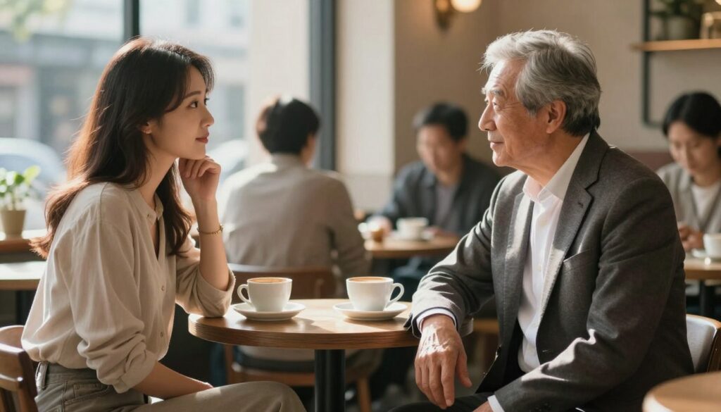 A thought-provoking image illustrating a significant age difference in a relationship. In the foreground, a confident older man in a tailored suit engages in conversation with a younger woman dressed in elegant, modest casual attire, showcasing warmth and connection. In the middle ground, a cozy café setting hints at intimacy—a small table with two cups of coffee, soft sunlight streaming through the window, casting a gentle glow. The background features blurred outlines of other patrons, contributing to a lively yet private atmosphere. The lighting is natural, emphasizing the subtle expressions of curiosity and understanding on their faces. The mood is contemplative yet hopeful, highlighting both the challenges and beauty of navigating a relationship with a large age difference. A thought-provoking image illustrating a significant age difference in a relationship. In the foreground, a confident older man in a tailored suit engages in conversation with a younger woman dressed in elegant, modest casual attire, showcasing warmth and connection. In the middle ground, a cozy café setting hints at intimacy—a small table with two cups of coffee, soft sunlight streaming through the window, casting a gentle glow. The background features blurred outlines of other patrons, contributing to a lively yet private atmosphere. The lighting is natural, emphasizing the subtle expressions of curiosity and understanding on their faces. The mood is contemplative yet hopeful, highlighting both the challenges and beauty of navigating a relationship with a large age difference.