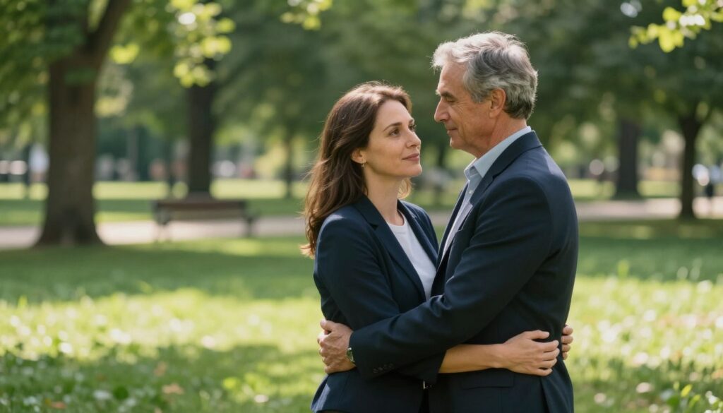A thoughtful composition depicting an age difference in a relationship of ten years, featuring a couple embracing in a lush park setting. In the foreground, the couple is dressed in smart casual attire, with the older partner, a man in his mid-40s, and the younger partner, a woman in her mid-30s, showcasing warmth and connection through their body language. The middle ground captures gentle sunlight filtering through the leaves, casting soft shadows on the grass. In the background, blurred trees and a distant bench enhance the serene, introspective atmosphere. The focus is sharp on the couple, emphasizing their expressions that reflect love and understanding. The overall mood is positive and reflective, inviting viewers to contemplate the dynamics of age differences in relationships. A thoughtful composition depicting an age difference in a relationship of ten years, featuring a couple embracing in a lush park setting. In the foreground, the couple is dressed in smart casual attire, with the older partner, a man in his mid-40s, and the younger partner, a woman in her mid-30s, showcasing warmth and connection through their body language. The middle ground captures gentle sunlight filtering through the leaves, casting soft shadows on the grass. In the background, blurred trees and a distant bench enhance the serene, introspective atmosphere. The focus is sharp on the couple, emphasizing their expressions that reflect love and understanding. The overall mood is positive and reflective, inviting viewers to contemplate the dynamics of age differences in relationships.