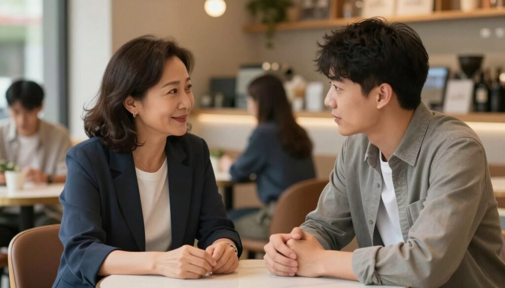 A thoughtful illustration capturing the concept of age difference in romantic relationships. In the foreground, depict a mature woman in smart casual attire, around 40 years old, seated at a café table, looking content and engaged in conversation. Opposite her, a younger man, approximately 20 years old, in a casual yet professional outfit, leaning forward with interest. In the middle ground, convey a warm and inviting café atmosphere with soft lighting, showcasing other patrons in the background, subtly reinforcing social dynamics without distraction. Use a slightly shallow depth of field to keep the focus on the couple, while the background remains recognizable yet blurred. The overall mood should be positive, depicting connection, understanding, and the breaking of stereotypes, inviting viewers to reflect on societal perceptions of age differences in relationships.
