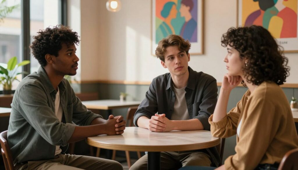 A thoughtful, illustrative scene centered around the concept of bisexual stereotypes. In the foreground, a diverse group of three individuals—two men and one woman—are seated around a small, round table in a cozy café setting. They are dressed in smart casual attire, engaged in an open and honest discussion. The men exhibit a mix of expressions: one appears confident and calm, while the other looks contemplative. The woman listens attentively, fostering an atmosphere of trust and understanding. In the middle ground, soft lighting from a nearby window casts gentle shadows, creating a warm and inviting ambiance. In the background, colorful artwork or posters resonate with themes of love and acceptance, hinting at diverse relationships, while indoor plants add a touch of tranquility. The overall mood is reflective and supportive, inviting viewers to consider the complexities of bisexuality and challenge stereotypes.