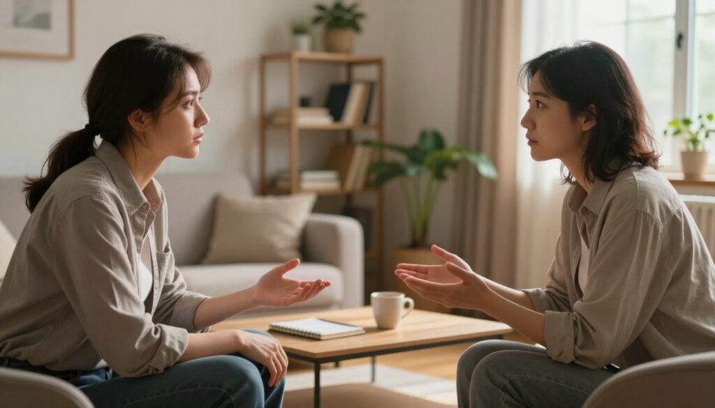 A thoughtful, indoor scene depicting two individuals engaged in a constructive dialogue during a disagreement, embodying effective communication of needs. In the foreground, a man and a woman, both dressed in smart casual attire, face each other, expressing understanding and empathy with open body language. The middle ground features a cozy living room with soft lighting, warm tones, and a coffee table with a notepad and a mug, enhancing the atmosphere of a safe space for discussion. In the background, soft-focus shelves with books and plants create a calm environment, symbolizing support. The mood is serene yet focused, highlighting the intention to resolve conflict through dialogue and connection. Natural light filters in through a window, casting gentle shadows and enhancing the warmth of the scene. A thoughtful, indoor scene depicting two individuals engaged in a constructive dialogue during a disagreement, embodying effective communication of needs. In the foreground, a man and a woman, both dressed in smart casual attire, face each other, expressing understanding and empathy with open body language. The middle ground features a cozy living room with soft lighting, warm tones, and a coffee table with a notepad and a mug, enhancing the atmosphere of a safe space for discussion. In the background, soft-focus shelves with books and plants create a calm environment, symbolizing support. The mood is serene yet focused, highlighting the intention to resolve conflict through dialogue and connection. Natural light filters in through a window, casting gentle shadows and enhancing the warmth of the scene.