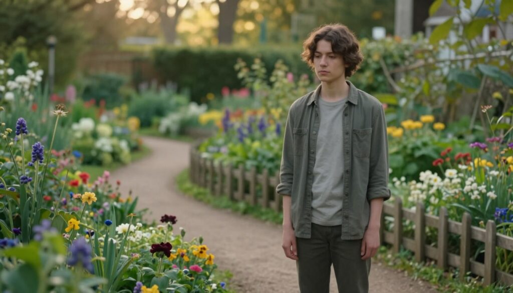 A thoughtful, introspective scene illustrating a "Gardener's Dog" metaphor in a relationship context. In the foreground, a lonely yet attentive figure stands with a gentle expression, wearing modest casual clothing. They are positioned in a lush garden filled with vibrant flowers and greenery, symbolizing emotional complexity. The middle ground features a winding garden path representing the journey of relationships, adorned with a small wooden fence, evoking feelings of boundaries and closeness. The background is softly blurred, with warm, diffused sunlight filtering through the trees, creating a serene atmosphere. This image conveys the essence of longing and emotional restraint, reflecting the theme of closeness versus distance in relationships. Use a balanced composition with a shallow depth of field to enhance focus on the figure. A thoughtful, introspective scene illustrating a "Gardener's Dog" metaphor in a relationship context. In the foreground, a lonely yet attentive figure stands with a gentle expression, wearing modest casual clothing. They are positioned in a lush garden filled with vibrant flowers and greenery, symbolizing emotional complexity. The middle ground features a winding garden path representing the journey of relationships, adorned with a small wooden fence, evoking feelings of boundaries and closeness. The background is softly blurred, with warm, diffused sunlight filtering through the trees, creating a serene atmosphere. This image conveys the essence of longing and emotional restraint, reflecting the theme of closeness versus distance in relationships. Use a balanced composition with a shallow depth of field to enhance focus on the figure.