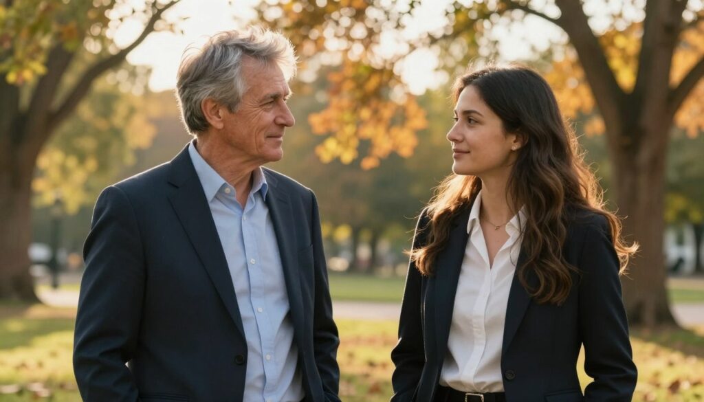A thoughtful portrayal of a couple with a significant age difference, standing in a picturesque park during golden hour. In the foreground, a middle-aged man and a younger woman engage in a warm conversation, both dressed in professional business attire that reflects their individual styles. The man has salt-and-pepper hair, while the woman has long, flowing hair. In the middle ground, trees with autumn leaves create a vibrant backdrop, suggesting a mix of maturity and youthful energy. Soft sunlight filters through the branches, casting a gentle glow on their faces, enhancing the scene's emotional warmth. The atmosphere is serene and reflective, illustrating the complexities and nuances of age differences in relationships. A thoughtful portrayal of a couple with a significant age difference, standing in a picturesque park during golden hour. In the foreground, a middle-aged man and a younger woman engage in a warm conversation, both dressed in professional business attire that reflects their individual styles. The man has salt-and-pepper hair, while the woman has long, flowing hair. In the middle ground, trees with autumn leaves create a vibrant backdrop, suggesting a mix of maturity and youthful energy. Soft sunlight filters through the branches, casting a gentle glow on their faces, enhancing the scene's emotional warmth. The atmosphere is serene and reflective, illustrating the complexities and nuances of age differences in relationships.