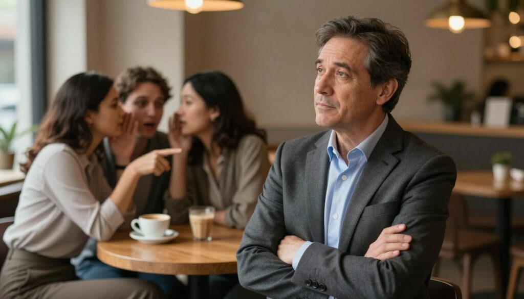 A thoughtful scene depicting a middle-aged man in a professional business attire, standing with his arms crossed, looking contemplatively at a group of people in the background who are whispering and pointing in his direction. The setting is a cozy café, filled with warm, soft lighting that creates an inviting atmosphere. The middle of the image features a wooden table with a cup of coffee, symbolizing comfort amidst scrutiny. In the background, softly blurred, are a few figures representing family and friends, showing mixed expressions of concern and curiosity. The overall mood is tense yet hopeful, suggesting resilience in the face of criticism, captured from a slightly elevated angle to give a broader view of the surroundings while emphasizing the man's introspection. A thoughtful scene depicting a middle-aged man in a professional business attire, standing with his arms crossed, looking contemplatively at a group of people in the background who are whispering and pointing in his direction. The setting is a cozy café, filled with warm, soft lighting that creates an inviting atmosphere. The middle of the image features a wooden table with a cup of coffee, symbolizing comfort amidst scrutiny. In the background, softly blurred, are a few figures representing family and friends, showing mixed expressions of concern and curiosity. The overall mood is tense yet hopeful, suggesting resilience in the face of criticism, captured from a slightly elevated angle to give a broader view of the surroundings while emphasizing the man's introspection.