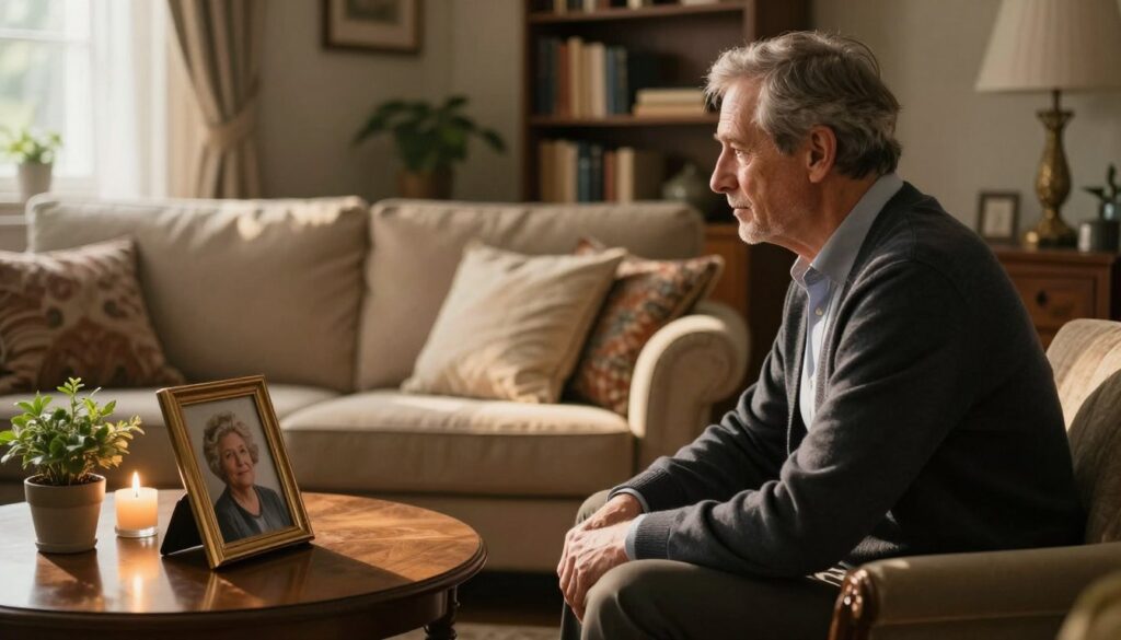 A thoughtful scene depicting a widower in a cozy, elegantly furnished living room, clearly reflecting a blend of past and present. In the foreground, the widower, a middle-aged man in smart casual attire, gazes pensively at a framed photo of his late wife, sitting on a polished wooden table. In the middle ground, a plush sofa with decorative cushions invites warmth, surrounded by subtle reminders of lost love—a flickering candle and a potted plant. Soft, golden hour lighting streams through a window, casting gentle shadows that suggest nostalgia and reflection. The background features a bookshelf filled with books, symbolizing knowledge and reminiscence. The overall atmosphere is intimate and contemplative, capturing the essence of love after loss and the complexity of moving forward while honoring the past. A thoughtful scene depicting a widower in a cozy, elegantly furnished living room, clearly reflecting a blend of past and present. In the foreground, the widower, a middle-aged man in smart casual attire, gazes pensively at a framed photo of his late wife, sitting on a polished wooden table. In the middle ground, a plush sofa with decorative cushions invites warmth, surrounded by subtle reminders of lost love—a flickering candle and a potted plant. Soft, golden hour lighting streams through a window, casting gentle shadows that suggest nostalgia and reflection. The background features a bookshelf filled with books, symbolizing knowledge and reminiscence. The overall atmosphere is intimate and contemplative, capturing the essence of love after loss and the complexity of moving forward while honoring the past.