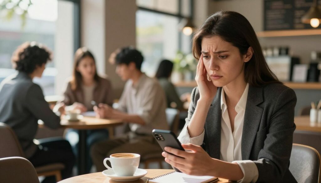 A thoughtful scene depicting a woman sitting at a modern café, looking contemplative as she reads a message on her phone. The foreground features her face, showing a mix of curiosity and concern, dressed in professional business attire. In the middle background, a soft focus on various patrons engaged in conversations, illustrating the social setting. The café has warm, inviting lighting with natural sunlight streaming through large windows, creating an atmosphere of introspection. A small table is set with a coffee cup and a notepad, hinting at her thoughts and reflections. The overall mood balances between uncertainty and hope, capturing the essence of processing feelings about a message of unpreparedness in relationships. A thoughtful scene depicting a woman sitting at a modern café, looking contemplative as she reads a message on her phone. The foreground features her face, showing a mix of curiosity and concern, dressed in professional business attire. In the middle background, a soft focus on various patrons engaged in conversations, illustrating the social setting. The café has warm, inviting lighting with natural sunlight streaming through large windows, creating an atmosphere of introspection. A small table is set with a coffee cup and a notepad, hinting at her thoughts and reflections. The overall mood balances between uncertainty and hope, capturing the essence of processing feelings about a message of unpreparedness in relationships.