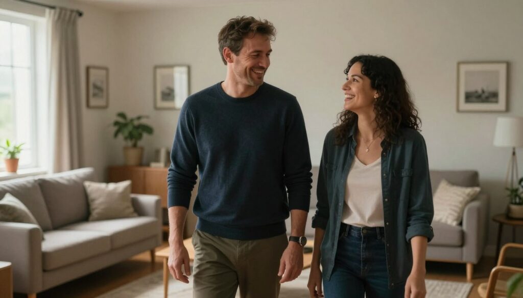 A thoughtful scene depicting the dynamics of a relationship influenced by height differences. In the foreground, a couple stands together, with the man slightly shorter than the woman. They are dressed in smart casual attire, showing warmth and connection as they share a moment of laughter. In the middle ground, a cozy living room with a tasteful arrangement of furniture and decor, emphasizing comfort and intimacy. The background features soft lighting from a window, allowing natural light to flood the space, creating a warm and inviting atmosphere. The focus is on the couple's body language, reflecting balance and equality in their relationship while subtly hinting at the theme of responsibilities shared between them. The mood is positive and relatable, inviting viewers to contemplate relationship dynamics.
