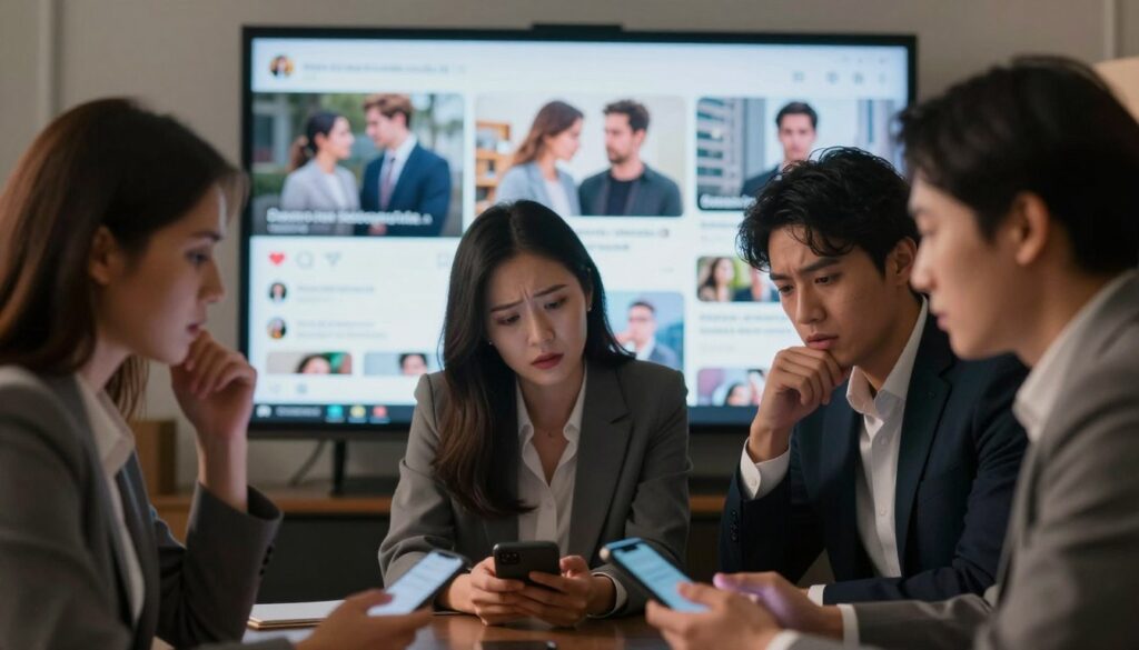 A thoughtful scene depicting the influence of media on personal relationships. In the foreground, a diverse group of three professionals, two women and one man, engaged in an intense discussion, all dressed in business attire. They appear concerned yet focused, with smartphones and tablets in hand, illustrating a connection to external influences. In the middle ground, a large screen displays social media feeds, news headlines, and images of couples interacting, symbolizing how media shapes perceptions. The background consists of an abstract urban landscape, hinting at a broader societal context. Soft, warm lighting creates an intimate atmosphere, with a shallow depth of field to emphasize the foreground conversation while subtly blurring the screen and background, enhancing the focus on the emotional impact of media on relationships. A thoughtful scene depicting the influence of media on personal relationships. In the foreground, a diverse group of three professionals, two women and one man, engaged in an intense discussion, all dressed in business attire. They appear concerned yet focused, with smartphones and tablets in hand, illustrating a connection to external influences. In the middle ground, a large screen displays social media feeds, news headlines, and images of couples interacting, symbolizing how media shapes perceptions. The background consists of an abstract urban landscape, hinting at a broader societal context. Soft, warm lighting creates an intimate atmosphere, with a shallow depth of field to emphasize the foreground conversation while subtly blurring the screen and background, enhancing the focus on the emotional impact of media on relationships.