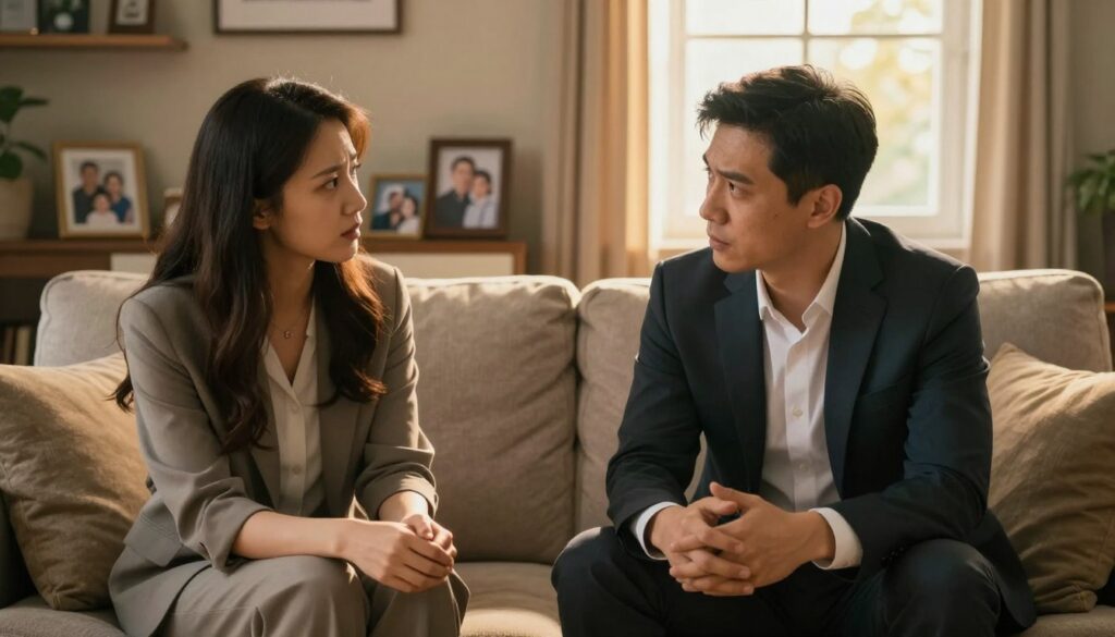 A thoughtful scene illustrating the impact of a partner's past on their behavior, set in a cozy living room. In the foreground, a couple sits on a comfortable couch, both dressed in professional business attire, engaged in a deep conversation, their facial expressions reflecting concern and understanding. The middle ground features a soft light illuminating family photos on a shelf, symbolizing their respective histories and the weight of past experiences. In the background, a window allows warm, golden sunlight to filter in, creating an intimate ambiance. The atmosphere is both reflective and emotional, emphasizing the complexity of relationships influenced by past traumas. The composition should evoke a sense of exploration and introspection, suitable for the theme of emotional swings in relationships. A thoughtful scene illustrating the impact of a partner's past on their behavior, set in a cozy living room. In the foreground, a couple sits on a comfortable couch, both dressed in professional business attire, engaged in a deep conversation, their facial expressions reflecting concern and understanding. The middle ground features a soft light illuminating family photos on a shelf, symbolizing their respective histories and the weight of past experiences. In the background, a window allows warm, golden sunlight to filter in, creating an intimate ambiance. The atmosphere is both reflective and emotional, emphasizing the complexity of relationships influenced by past traumas. The composition should evoke a sense of exploration and introspection, suitable for the theme of emotional swings in relationships.