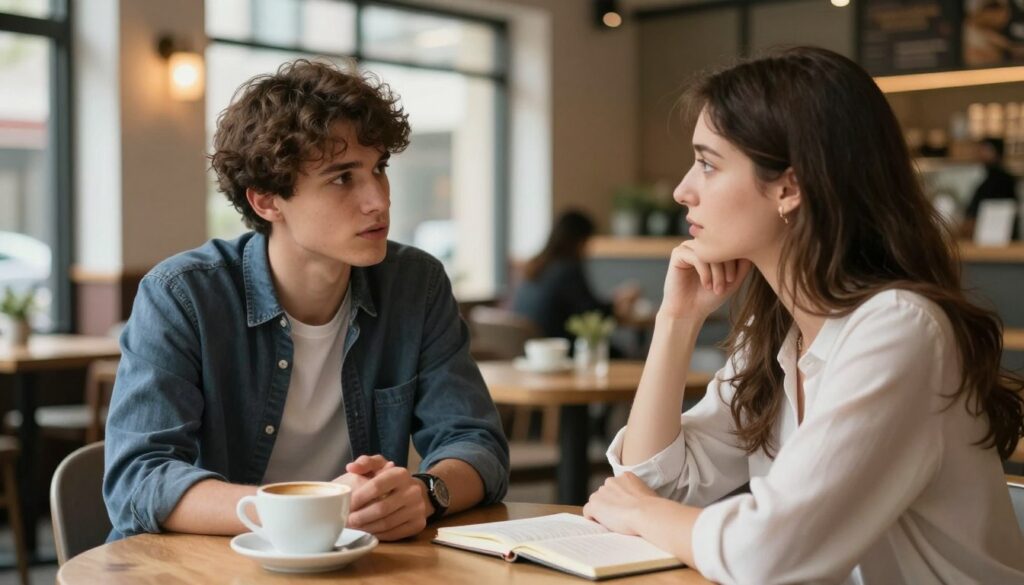 A thoughtful young man and a woman sitting at a cozy café, engaged in a deep conversation about relationships. The foreground features their animated expressions, conveying a mix of curiosity and seriousness, dressed in smart casual clothing. In the middle, a table is set with coffee cups and an open notebook, symbolizing a discussion about commitment. The background shows a softly blurred café interior with warm lighting, creating an intimate atmosphere. Natural light filters through large windows, casting gentle shadows, and enhancing the mood of connection and openness. The scene captures the moment of understanding and reflection, focusing on the signals of relationship commitment without any distractions. A thoughtful young man and a woman sitting at a cozy café, engaged in a deep conversation about relationships. The foreground features their animated expressions, conveying a mix of curiosity and seriousness, dressed in smart casual clothing. In the middle, a table is set with coffee cups and an open notebook, symbolizing a discussion about commitment. The background shows a softly blurred café interior with warm lighting, creating an intimate atmosphere. Natural light filters through large windows, casting gentle shadows, and enhancing the mood of connection and openness. The scene captures the moment of understanding and reflection, focusing on the signals of relationship commitment without any distractions.