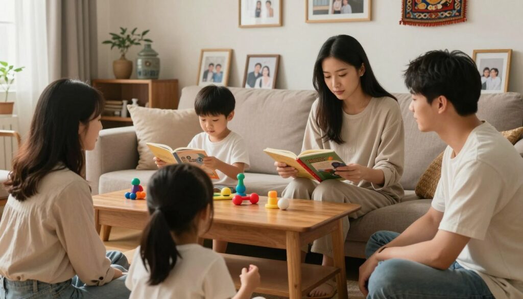 A thoughtfully arranged scene depicting a family setting where different styles of upbringing can be observed. In the foreground, a mother and father in modest casual attire are engaging with their children, showcasing warmth and communication. In the middle, a visual representation of traditional vs. modern parenting techniques, with one child playing with gender-neutral toys while the other reads a book about relationships, symbolizing varied influences. The background features a cozy living room filled with family photos and cultural artifacts, illustrating the blend of tradition and contemporary thought. Soft, warm lighting flows in from a window, creating an inviting and reflective atmosphere. The composition should evoke a sense of closeness, showing how different upbringings shape partner choice in adulthood. A thoughtfully arranged scene depicting a family setting where different styles of upbringing can be observed. In the foreground, a mother and father in modest casual attire are engaging with their children, showcasing warmth and communication. In the middle, a visual representation of traditional vs. modern parenting techniques, with one child playing with gender-neutral toys while the other reads a book about relationships, symbolizing varied influences. The background features a cozy living room filled with family photos and cultural artifacts, illustrating the blend of tradition and contemporary thought. Soft, warm lighting flows in from a window, creating an inviting and reflective atmosphere. The composition should evoke a sense of closeness, showing how different upbringings shape partner choice in adulthood.