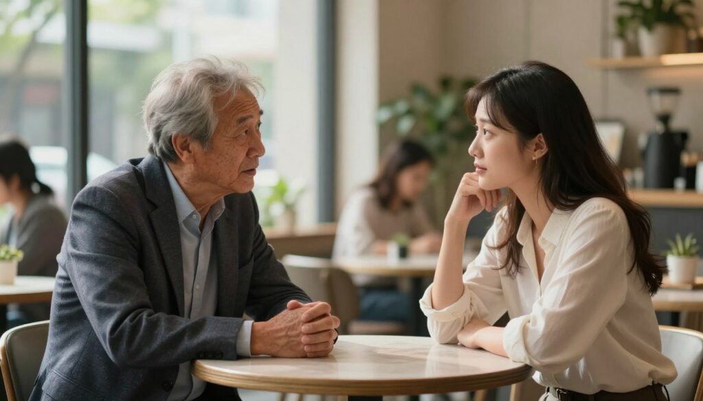 A thoughtfully composed image depicting an older man and a younger woman sitting at a small café table, engaged in a deep, meaningful conversation. The foreground features their animated expressions, emphasizing an emotional connection and mutual respect, with the man wearing a tailored blazer and the woman in a smart casual blouse. In the middle ground, soft light filters through large windows, casting a warm, inviting glow that highlights their interaction. The background reveals a cozy café setting filled with greenery and softly blurred patrons, creating a tranquil atmosphere. The overall mood is one of curiosity, introspection, and the exploration of relationship dynamics, emphasizing emotional maturity and psychological mechanisms in partner selection.