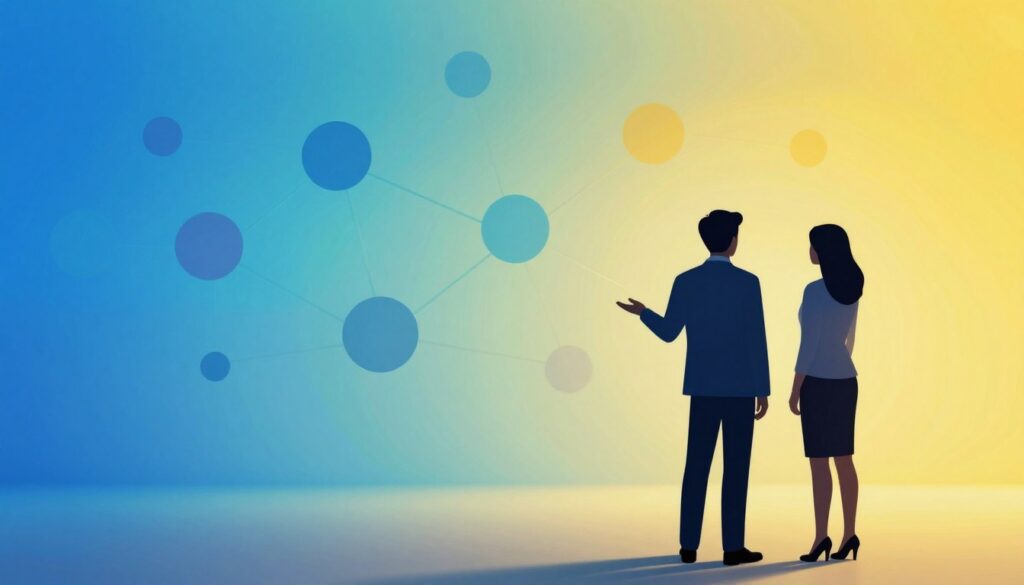 A vibrant, abstract representation of the autism spectrum, featuring a gradient of colors transitioning smoothly from blue to bright yellow, symbolizing diversity and complexity. In the foreground, include silhouettes of a male and female figure, dressed in professional attire, standing side by side with open body language, conveying support and understanding. The middle ground showcases interconnected geometric shapes representing communication and emotional connections, while the background is a soft, blurred gradient that enhances the image's harmony. The lighting is warm and inviting, casting gentle shadows to create depth, while the overall mood conveys empathy, connection, and the importance of specialized support in relationships, enriching the atmosphere with a sense of hope and understanding. A vibrant, abstract representation of the autism spectrum, featuring a gradient of colors transitioning smoothly from blue to bright yellow, symbolizing diversity and complexity. In the foreground, include silhouettes of a male and female figure, dressed in professional attire, standing side by side with open body language, conveying support and understanding. The middle ground showcases interconnected geometric shapes representing communication and emotional connections, while the background is a soft, blurred gradient that enhances the image's harmony. The lighting is warm and inviting, casting gentle shadows to create depth, while the overall mood conveys empathy, connection, and the importance of specialized support in relationships, enriching the atmosphere with a sense of hope and understanding.