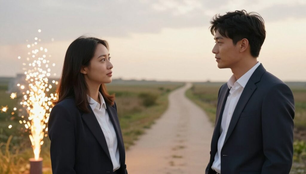 A vibrant and emotionally charged scene depicting two individuals standing on a divide, symbolizing the contrast between fleeting attraction and the solidity of future commitment. In the foreground, a man and a woman are engaged in conversation, dressed in smart, professional attire, their expressions showing curiosity and contemplation. The background features a contrasting landscape: on one side, ephemeral sparks of light representing chemistry and attraction; on the other side, a sturdy path leading toward a bright horizon, symbolizing potential and future building. The lighting is warm and inviting, casting a soft glow on the subjects, while the overall mood is reflective, capturing the essence of differentiating between sparks of interest and readiness for a lasting relationship. The perspective is slightly elevated, providing an engaging view of both elements. A vibrant and emotionally charged scene depicting two individuals standing on a divide, symbolizing the contrast between fleeting attraction and the solidity of future commitment. In the foreground, a man and a woman are engaged in conversation, dressed in smart, professional attire, their expressions showing curiosity and contemplation. The background features a contrasting landscape: on one side, ephemeral sparks of light representing chemistry and attraction; on the other side, a sturdy path leading toward a bright horizon, symbolizing potential and future building. The lighting is warm and inviting, casting a soft glow on the subjects, while the overall mood is reflective, capturing the essence of differentiating between sparks of interest and readiness for a lasting relationship. The perspective is slightly elevated, providing an engaging view of both elements.