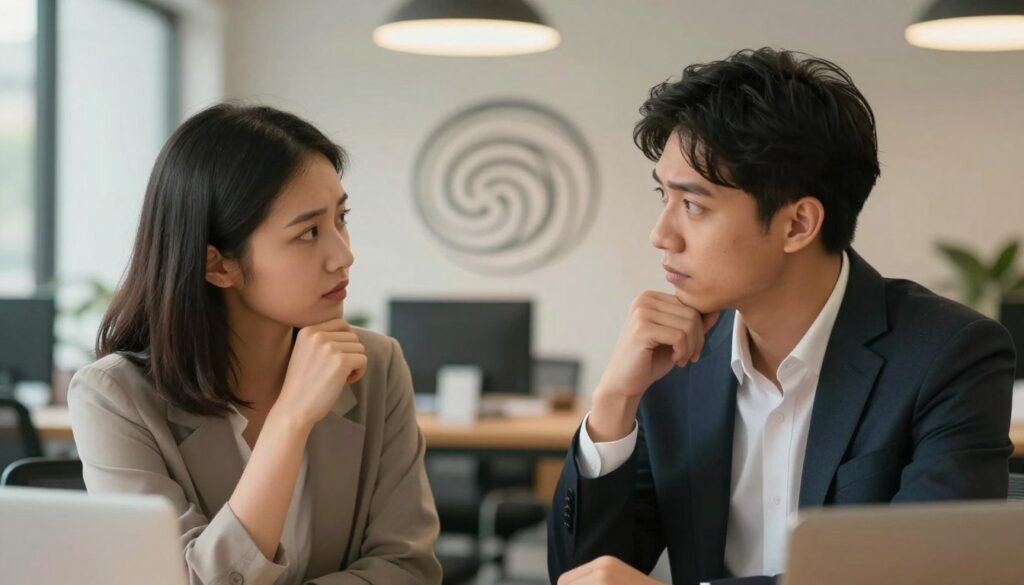 A visual representation of the challenges in building connections with practical personality types. In the foreground, depict two individuals engaged in a thoughtful conversation, one displaying an INFP's sensitive and idealistic characteristics, while the other represents a practical personality type, dressed in professional business attire. Their expressions communicate a mix of understanding and frustration, highlighting emotional distance. In the middle ground, include abstract, swirling shapes symbolizing emotional barriers, contrasting with the grounded presence of the practical type. The background features a soft-focus office environment with warm lighting, creating a serene yet contemplative atmosphere. Use a shallow depth of field to emphasize the subjects, capturing a moment of genuine connection amidst the complexities of different personality types. A visual representation of the challenges in building connections with practical personality types. In the foreground, depict two individuals engaged in a thoughtful conversation, one displaying an INFP's sensitive and idealistic characteristics, while the other represents a practical personality type, dressed in professional business attire. Their expressions communicate a mix of understanding and frustration, highlighting emotional distance. In the middle ground, include abstract, swirling shapes symbolizing emotional barriers, contrasting with the grounded presence of the practical type. The background features a soft-focus office environment with warm lighting, creating a serene yet contemplative atmosphere. Use a shallow depth of field to emphasize the subjects, capturing a moment of genuine connection amidst the complexities of different personality types.
