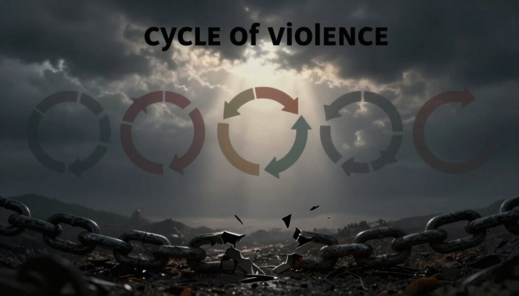 A visual representation of the "cycle of violence," illustrating its phases in a powerful and poignant manner. In the foreground, depict broken chains symbolizing liberation, surrounded by dark shadows representing the oppressive nature of the cycle. In the middle ground, create a series of interlinked cyclical arrows, moving through different phases of violence, fear, and eventual resilience, rendered in muted colors to convey a somber mood. The background fades into a stormy sky, with soft light breaking through the clouds symbolizing hope and recovery. Use dramatic chiaroscuro lighting to emphasize contrasts between darkness and light, creating an emotional depth. The composition should evoke a sense of struggle but also hint at awakening and empowerment. A visual representation of the "cycle of violence," illustrating its phases in a powerful and poignant manner. In the foreground, depict broken chains symbolizing liberation, surrounded by dark shadows representing the oppressive nature of the cycle. In the middle ground, create a series of interlinked cyclical arrows, moving through different phases of violence, fear, and eventual resilience, rendered in muted colors to convey a somber mood. The background fades into a stormy sky, with soft light breaking through the clouds symbolizing hope and recovery. Use dramatic chiaroscuro lighting to emphasize contrasts between darkness and light, creating an emotional depth. The composition should evoke a sense of struggle but also hint at awakening and empowerment.