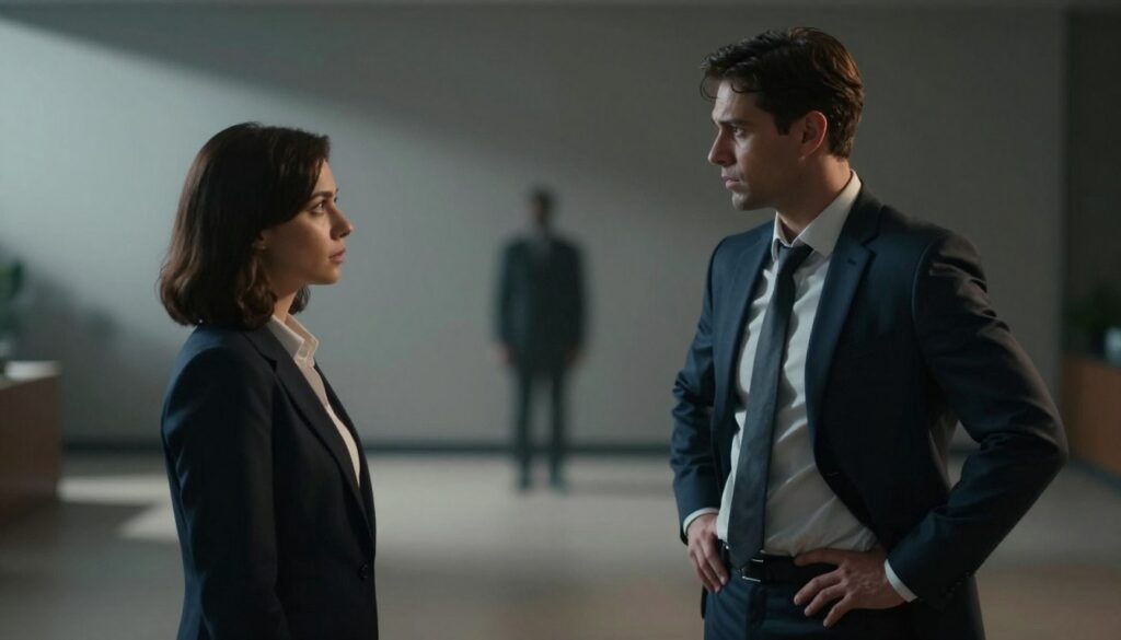 A visual representation of the stages of a relationship with a narcissistic person, focusing on emotional dynamics. In the foreground, depict two figures engaged in a tense conversation, the male figure exhibiting confident, dominating body language in a sharp business suit, while the female figure, dressed in a modest professional outfit, appears withdrawn and emotionally distant. The middle ground shows a blurred image of an empty space symbolizing isolation and lack of support, while in the background, include shadows that convey a sense of unease and manipulation, hinting at an unseen presence. The lighting should be dramatic, with stark contrasts of light and shadow to evoke a mood of tension and introspection, captured from a slightly low-angle perspective for emphasis. A visual representation of the stages of a relationship with a narcissistic person, focusing on emotional dynamics. In the foreground, depict two figures engaged in a tense conversation, the male figure exhibiting confident, dominating body language in a sharp business suit, while the female figure, dressed in a modest professional outfit, appears withdrawn and emotionally distant. The middle ground shows a blurred image of an empty space symbolizing isolation and lack of support, while in the background, include shadows that convey a sense of unease and manipulation, hinting at an unseen presence. The lighting should be dramatic, with stark contrasts of light and shadow to evoke a mood of tension and introspection, captured from a slightly low-angle perspective for emphasis.