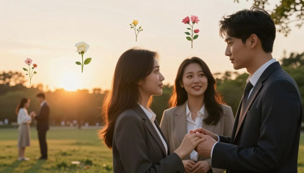 A visual representation of the stages of a romantic relationship, illustrating the journey from infatuation to mature love. In the foreground, two figures in professional business attire share a moment under soft, warm lighting, with their expressions showcasing a mix of fascination and growing intimacy. The middle ground features symbolic elements like blooming flowers and intertwined hands, representing the transition of feelings. The background is a serene park setting at sunset, casting a golden hue over the scene, with distant silhouettes of couples enjoying their time together, evoking a sense of connection and evolution in relationships. The overall mood is warm, hopeful, and uplifting, emphasizing the beauty of love's progression. A visual representation of the stages of a romantic relationship, illustrating the journey from infatuation to mature love. In the foreground, two figures in professional business attire share a moment under soft, warm lighting, with their expressions showcasing a mix of fascination and growing intimacy. The middle ground features symbolic elements like blooming flowers and intertwined hands, representing the transition of feelings. The background is a serene park setting at sunset, casting a golden hue over the scene, with distant silhouettes of couples enjoying their time together, evoking a sense of connection and evolution in relationships. The overall mood is warm, hopeful, and uplifting, emphasizing the beauty of love's progression.