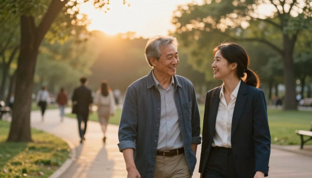 A visually compelling image depicting a couple, one significantly older than the other, standing together in a park during golden hour, symbolizing the theme of age difference in relationships. The foreground features the couple: a middle-aged man in a smart casual outfit and a younger woman in a modest business attire, both smiling and engaged in a friendly conversation. In the middle ground, trees and a soft pathway are bathed in warm, golden light, creating a serene atmosphere. The background features blurred silhouettes of other park-goers, emphasizing the couple's connection while subtly hinting at societal perceptions of age differences. The overall mood is positive and reflective, capturing the essence of maturity and understanding in relationships. The shot is taken from a slight angle, using a 50mm lens to achieve a soft bokeh effect that draws attention to the couple.