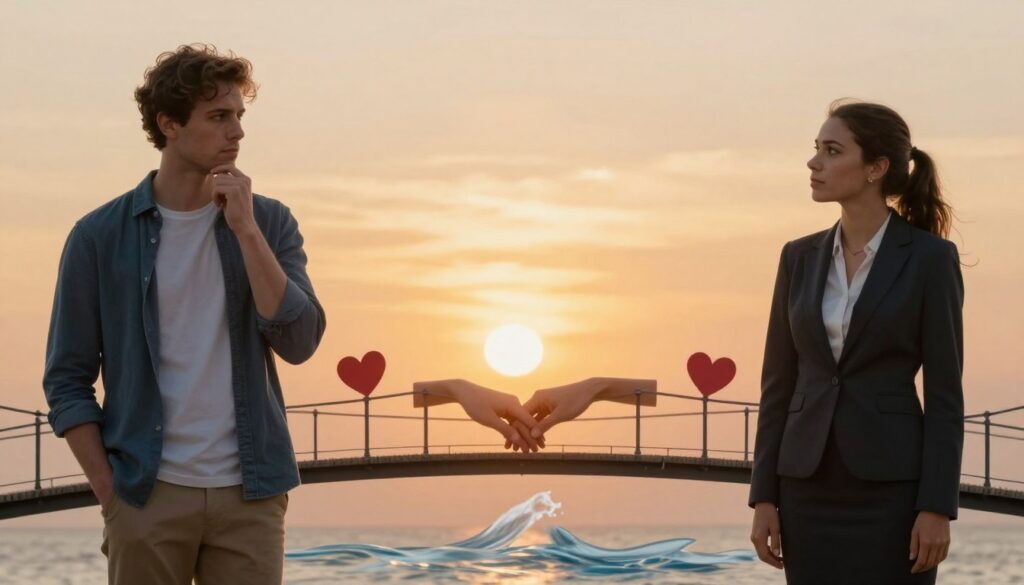 A visually engaging representation of the influence of gender on relationship compatibility, depicted through two distinct figures—a man and a woman—standing on opposite sides of a symbolic bridge connecting them. In the foreground, the man is wearing smart casual attire, demonstrating a thoughtful expression, while the woman, dressed in professional business attire, gazes towards him, conveying a sense of curiosity. In the middle ground, the bridge is adorned with elements symbolizing emotional connections: hearts, intertwined hands, and flowing water beneath it. The background features a serene sunset, casting warm, golden hues, reflecting a mood of hope and understanding. Soft lighting enhances the scene, emphasizing the figures and their connection, with a slight depth of field to create focus.