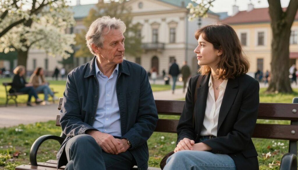 A visually evocative scene depicting an age difference in a relationship, showcasing two individuals in a warm, inviting park setting in Poland. In the foreground, a middle-aged man and a younger woman are sitting on a park bench, engaged in a deep conversation, both dressed in smart casual attire. The man has salt-and-pepper hair and a thoughtful expression, while the woman, with shoulder-length hair, shows genuine interest and warmth. In the middle ground, soft blooming trees and people enjoying a leisurely day create a vibrant yet serene atmosphere. The background features a historic building subtly blurred, symbolizing societal norms and perspectives. The lighting is soft and golden, suggesting late afternoon, enhancing the overall warmth and intimacy of the scene, embodying the intersection of love and age differences. A visually evocative scene depicting an age difference in a relationship, showcasing two individuals in a warm, inviting park setting in Poland. In the foreground, a middle-aged man and a younger woman are sitting on a park bench, engaged in a deep conversation, both dressed in smart casual attire. The man has salt-and-pepper hair and a thoughtful expression, while the woman, with shoulder-length hair, shows genuine interest and warmth. In the middle ground, soft blooming trees and people enjoying a leisurely day create a vibrant yet serene atmosphere. The background features a historic building subtly blurred, symbolizing societal norms and perspectives. The lighting is soft and golden, suggesting late afternoon, enhancing the overall warmth and intimacy of the scene, embodying the intersection of love and age differences.