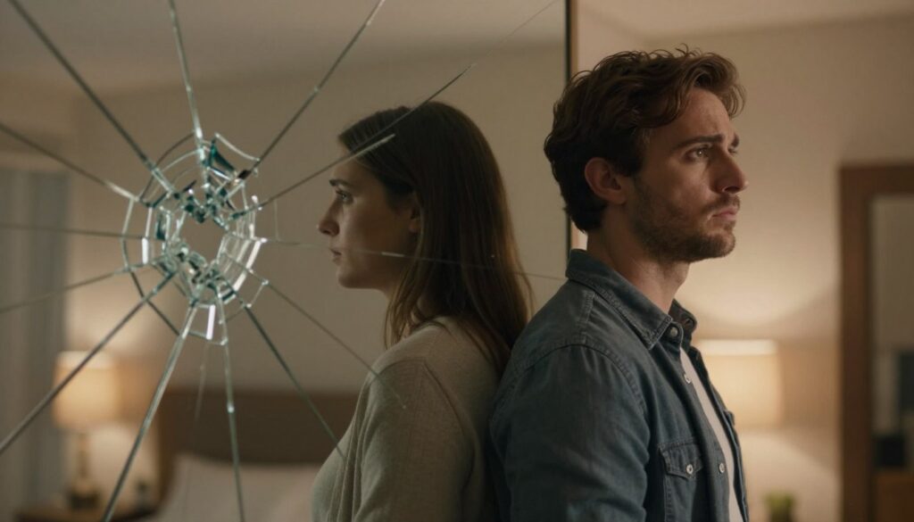 A visually striking composition illustrating the concept of emotional instability in relationships. In the foreground, a couple stands back-to-back, their expressions reflecting concern and distance, dressed in modest casual clothing. The middle ground features fragmented glass or shattered reflections in a subtly blurred mirror, symbolizing broken trust and miscommunication. In the background, a dimly lit, warm-toned room with soft shadows creates an intimate atmosphere, evoking feelings of vulnerability. Use soft, diffused lighting to enhance the emotional impact, capturing subtle details in the couple's expressions. An angle from slightly below eye level adds depth to the image, emphasizing the divide between the two figures, while ensuring a professional and safe portrayal.