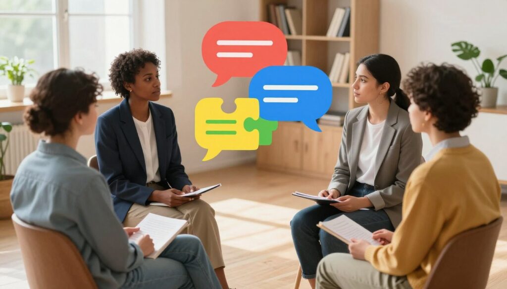 A visually striking illustration that represents the concept of the autism spectrum, focusing specifically on the challenges of communication in relationships. In the foreground, depict a diverse group of four individuals sitting in a circle, engaged in a thoughtful discussion, dressed in professional business attire and modest casual clothing. Use soft, natural lighting to create a warm atmosphere. In the middle ground, incorporate symbolic elements like puzzle pieces and overlapping speech bubbles to visualize the complexities of communication. The background should include a serene setting, perhaps a softly lit room with bookshelves and plants, conveying insights and understanding. Use a wide-angle lens to capture the entire scene, emphasizing the connection and interaction among the individuals. Aim for a mood of empathy and collaboration, highlighting the nuances of understanding in relationships with individuals on the autism spectrum. A visually striking illustration that represents the concept of the autism spectrum, focusing specifically on the challenges of communication in relationships. In the foreground, depict a diverse group of four individuals sitting in a circle, engaged in a thoughtful discussion, dressed in professional business attire and modest casual clothing. Use soft, natural lighting to create a warm atmosphere. In the middle ground, incorporate symbolic elements like puzzle pieces and overlapping speech bubbles to visualize the complexities of communication. The background should include a serene setting, perhaps a softly lit room with bookshelves and plants, conveying insights and understanding. Use a wide-angle lens to capture the entire scene, emphasizing the connection and interaction among the individuals. Aim for a mood of empathy and collaboration, highlighting the nuances of understanding in relationships with individuals on the autism spectrum.