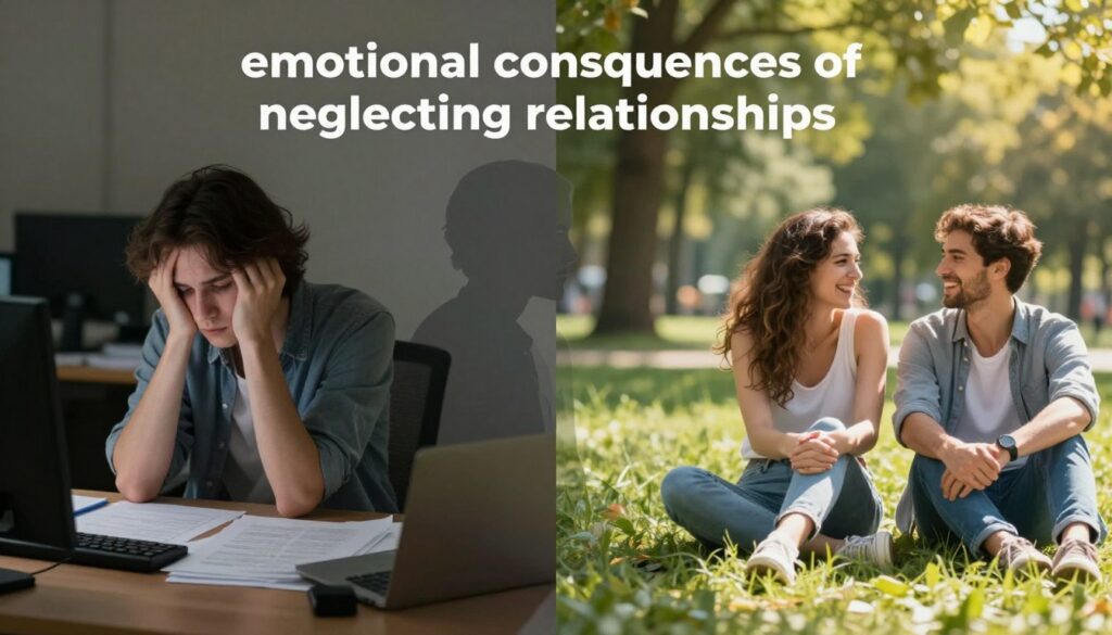 A visually striking representation of "emotional consequences of neglecting relationships," featuring a split image. On the left, a close-up of a solitary person sitting in an office, looking exhausted and detached, surrounded by paperwork and a dimly lit desk, highlighting loneliness. In the center, a ghostly silhouette of a couple once close, now appearing faded and transparent, symbolizing emotional distance. On the right, a vibrant scene of a sunny park, with laughing couples enjoying their time together, representing missed opportunities for connection. The lighting should evoke a somber yet reflective mood on the left, contrasting with the warm and joyful atmosphere on the right, captured with a shallow depth of field to emphasize the emotional divide.
