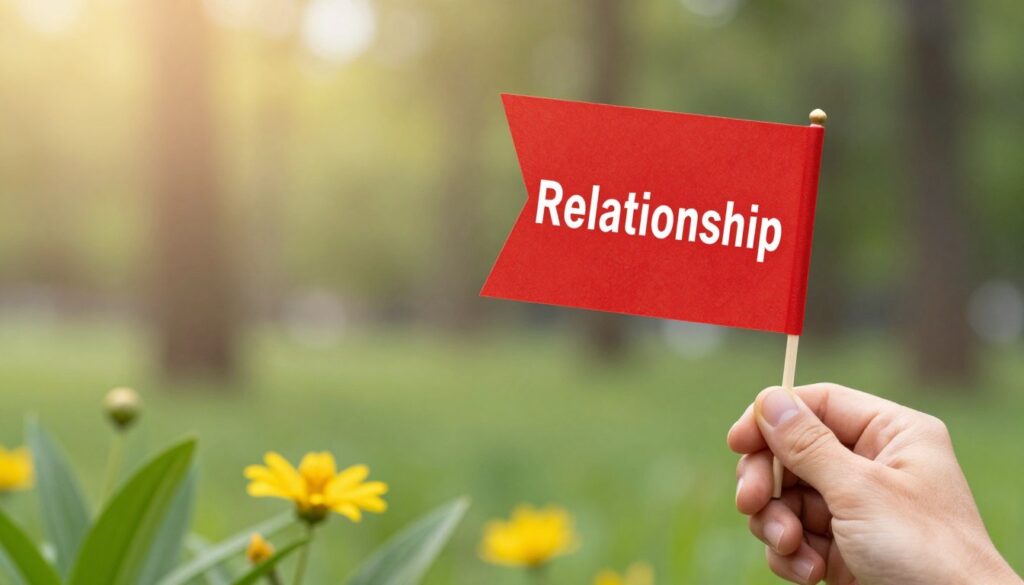A visually striking scene capturing the contrast between healthy relationship signals and red flags. In the foreground, a close-up of a person's hand holding a vivid red flag, symbolizing caution, against a blurred background of serene nature, representing healthy relationships. The middle ground features subtle, supportive symbols like green leaves and bright flowers. The background shows soft, warm sunlight filtering through trees, evoking a sense of hope and renewal. The atmosphere is contemplative yet optimistic, with a gentle breeze suggesting movement and change. Use a soft focus for the background and sharp detail on the red flag, taken with a macro lens to emphasize the significance of recognizing important signals in relationships. A visually striking scene capturing the contrast between healthy relationship signals and red flags. In the foreground, a close-up of a person's hand holding a vivid red flag, symbolizing caution, against a blurred background of serene nature, representing healthy relationships. The middle ground features subtle, supportive symbols like green leaves and bright flowers. The background shows soft, warm sunlight filtering through trees, evoking a sense of hope and renewal. The atmosphere is contemplative yet optimistic, with a gentle breeze suggesting movement and change. Use a soft focus for the background and sharp detail on the red flag, taken with a macro lens to emphasize the significance of recognizing important signals in relationships.