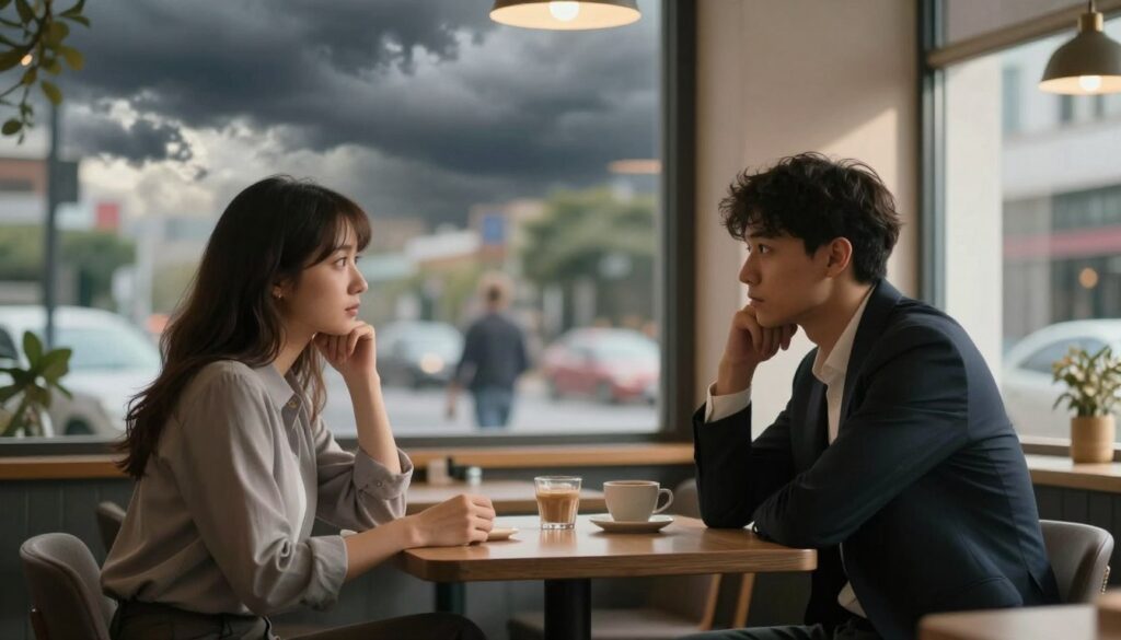 A visually striking scene illustrating the theme of recognizing warning signals in personal relationships. In the foreground, a couple sits at a small table in a softly lit café, both appearing contemplative and slightly distant, dressed in professional attire. The middle ground features a subtle reflection in a nearby window showing ominous clouds gathering outside, symbolizing emotional turmoil. The background is softly blurred, hinting at a lively cityscape, contrasting with the couple’s uneasy atmosphere. Natural light from the window casts gentle shadows, creating a thoughtful mood. The overall color palette is muted, emphasizing the tension between warmth and unease, capturing the emotional complexities of their relationship. A visually striking scene illustrating the theme of recognizing warning signals in personal relationships. In the foreground, a couple sits at a small table in a softly lit café, both appearing contemplative and slightly distant, dressed in professional attire. The middle ground features a subtle reflection in a nearby window showing ominous clouds gathering outside, symbolizing emotional turmoil. The background is softly blurred, hinting at a lively cityscape, contrasting with the couple’s uneasy atmosphere. Natural light from the window casts gentle shadows, creating a thoughtful mood. The overall color palette is muted, emphasizing the tension between warmth and unease, capturing the emotional complexities of their relationship.